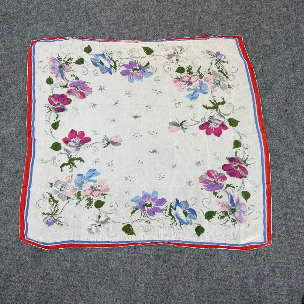 Vintage Floral Handkerchief Scarf White Pink Blue Anemone Flower Red Blue Border
